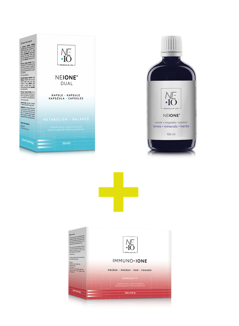 NEIO Kapsuly Dual 30 + 30, NEIO Roztok Neione 100 ml a NEIO Immuno·Ione prášok